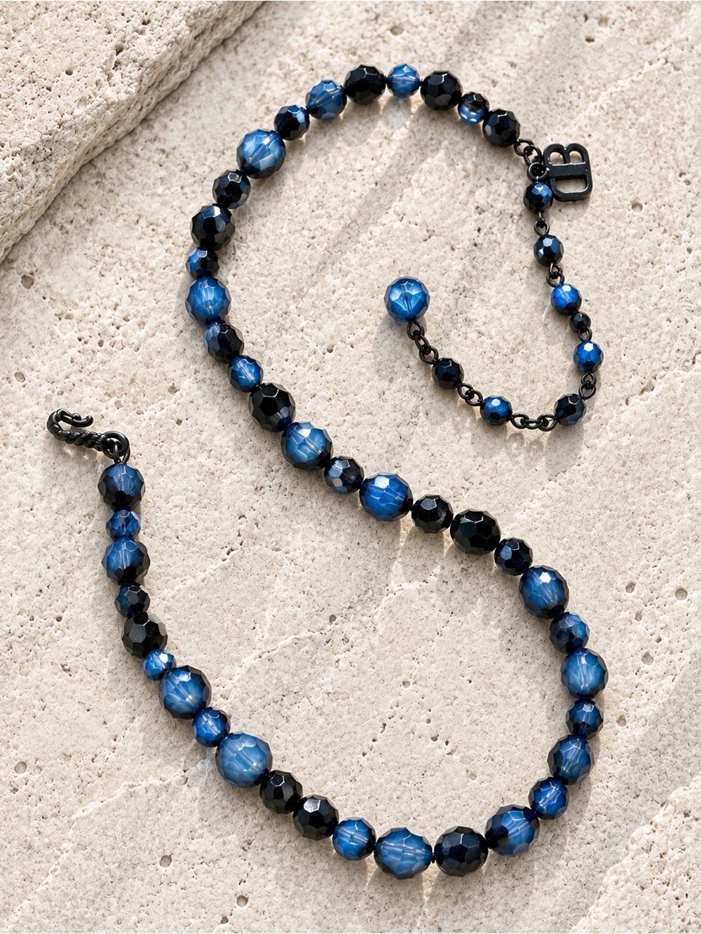 Blue Crystal Beaded Necklace  Faceted Glass Iridescent Statement Jewelry